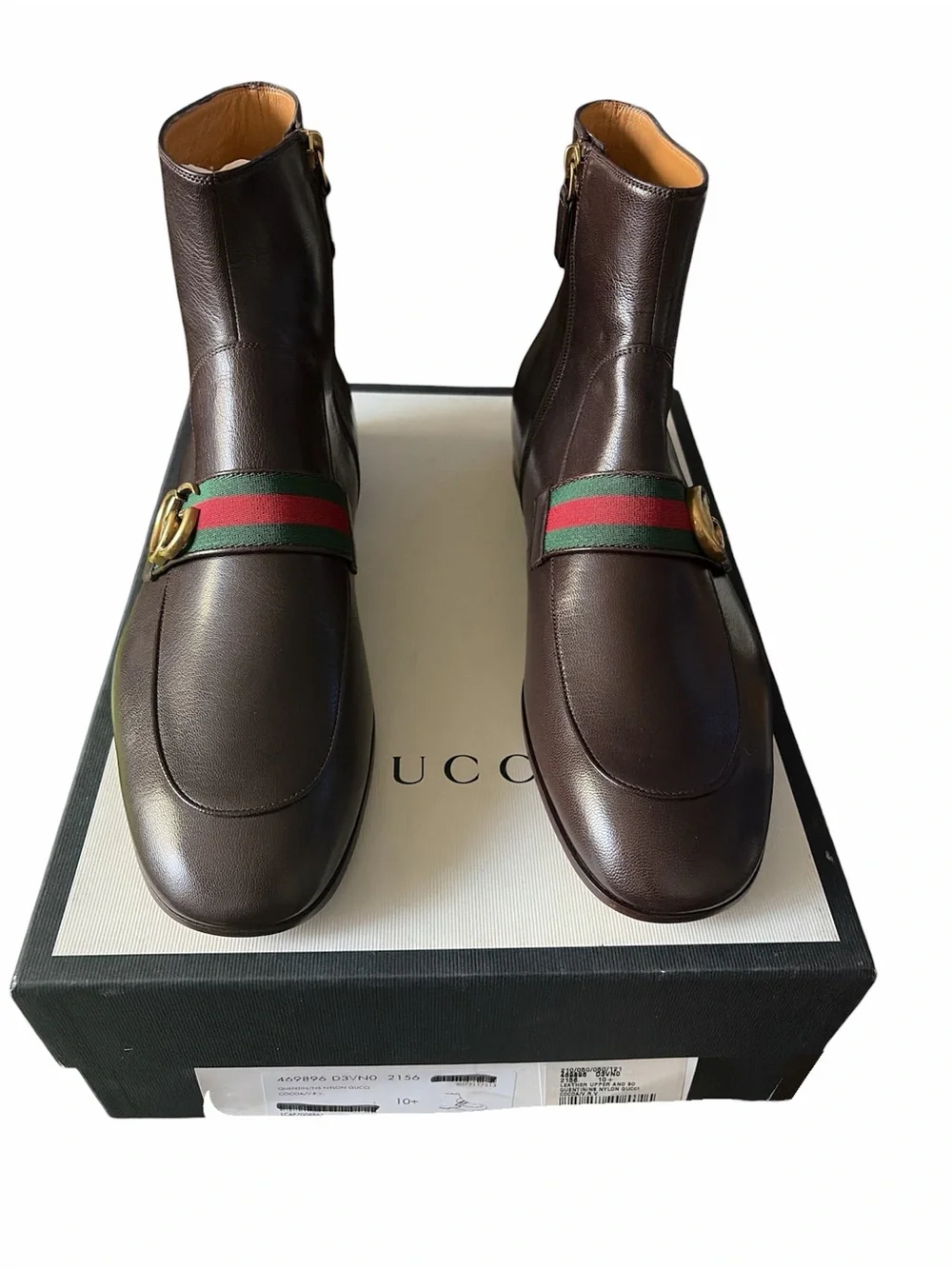 Gucci Brown Leather Ankle Boots with Green-Red Web and Gold GG size 10.5